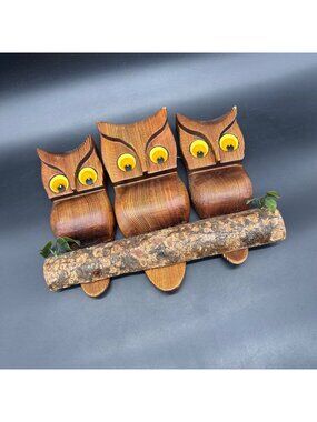 Vintage Wooden Owl Wall Hanging Art 1970s Kitschy Tiki Rustic Felt Eyes Trio